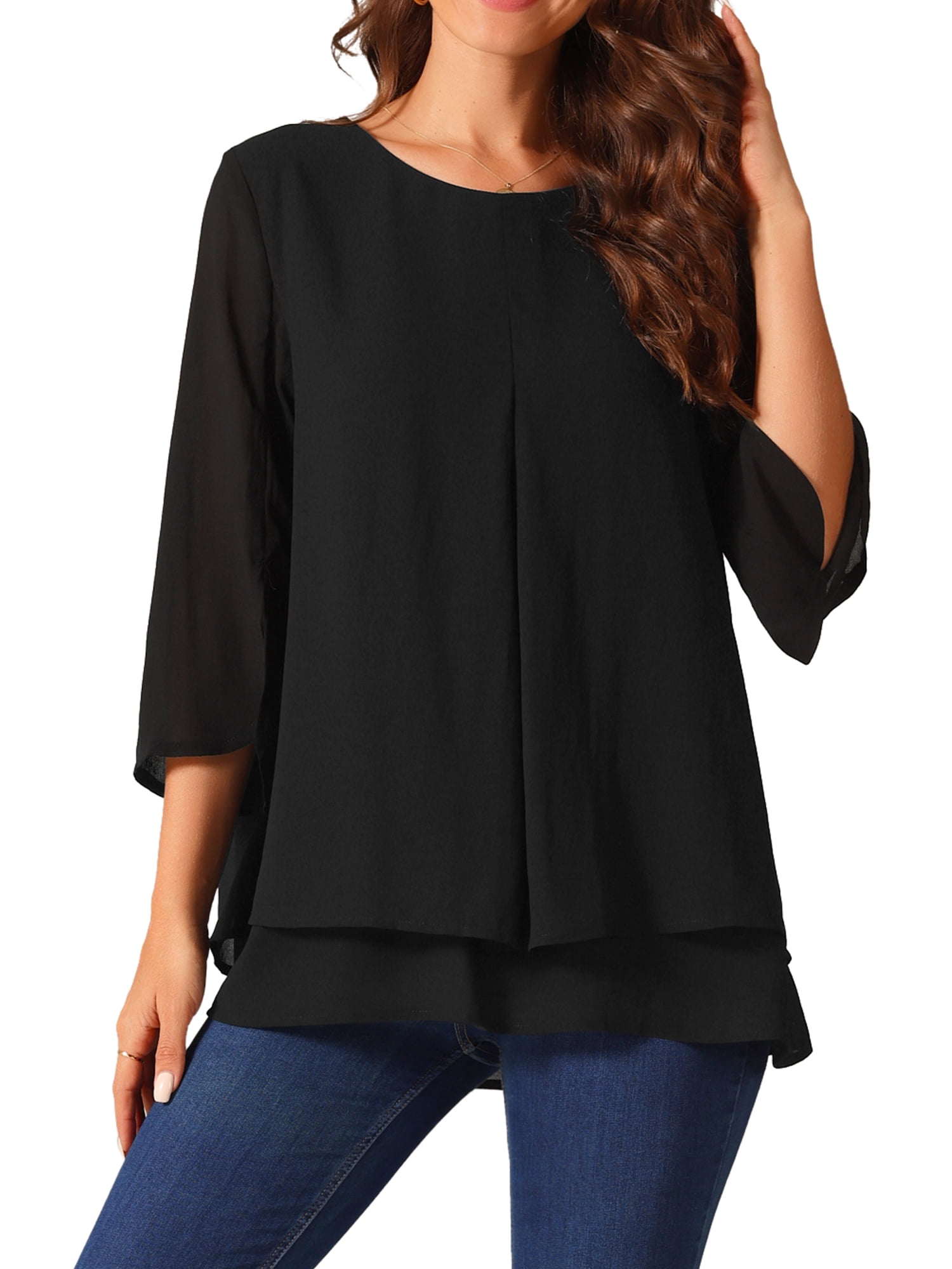 DARING DIVA Women's 3/4 Sleeve Chiffon Casual Crew Neck Blouses L Black