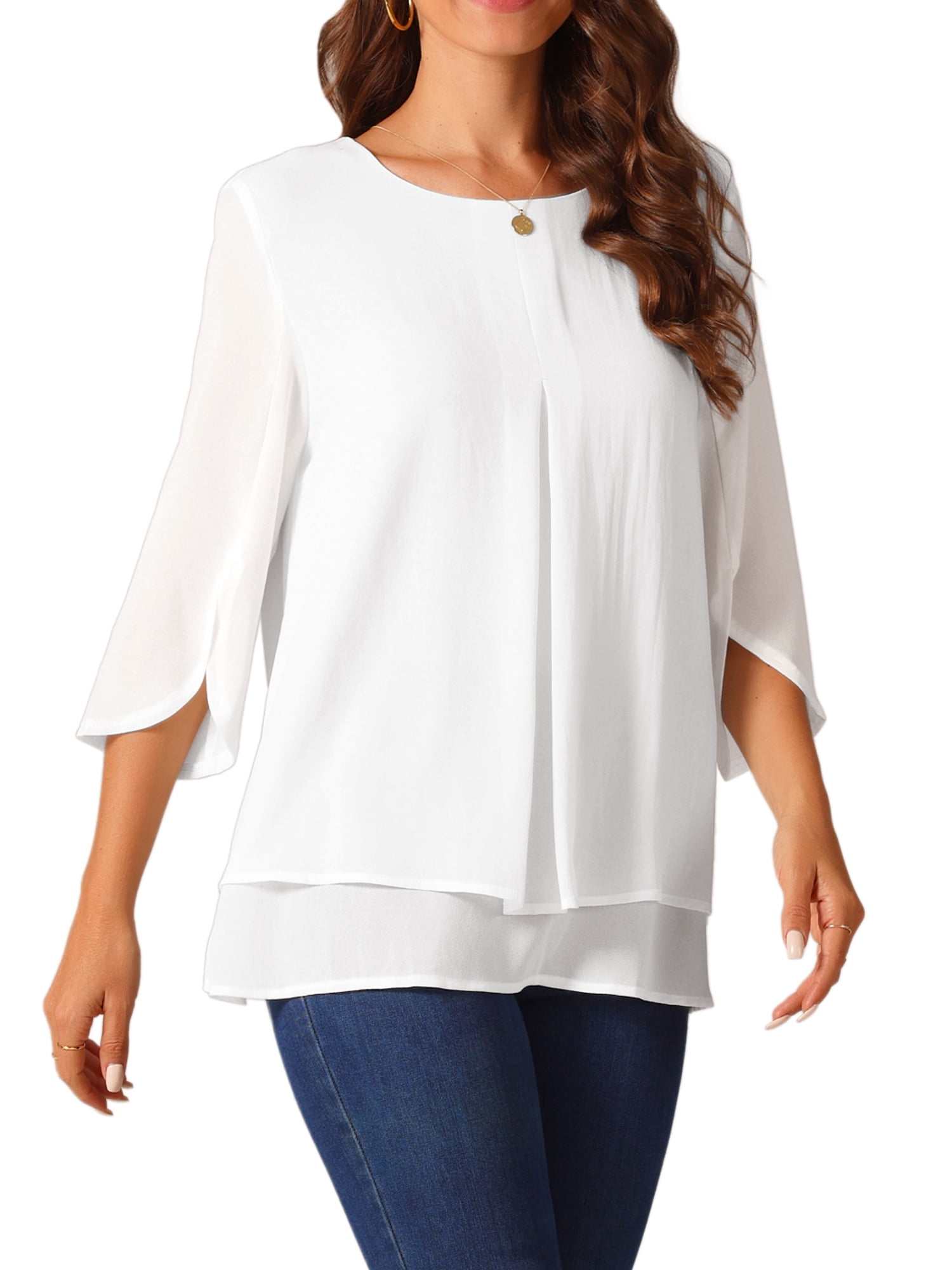 DARING DIVA Women's 3/4 Sleeve Chiffon Casual Crew Neck Blouses M White