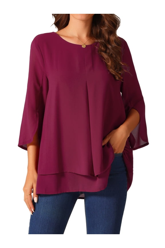 Women's 3/4 Sleeve Chiffon Casual Crew Neck Blouses XL Wine Red
