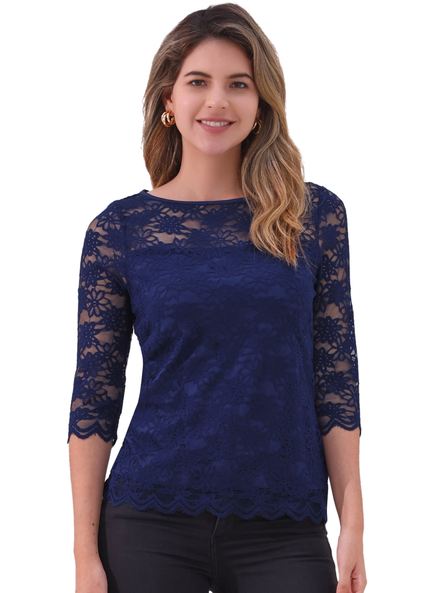 DARING DIVA Women's 3/4 Sleeve Crew Neck Floral Lace Tops L Dark Blue