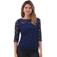 thumbnail image 1 of DARING DIVA Women's 3/4 Sleeve Crew Neck Floral Lace Tops L Dark Blue, 1 of 6