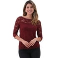 thumbnail image 1 of DARING DIVA Women's 3/4 Sleeve Crew Neck Floral Lace Tops L Dark Red, 1 of 6