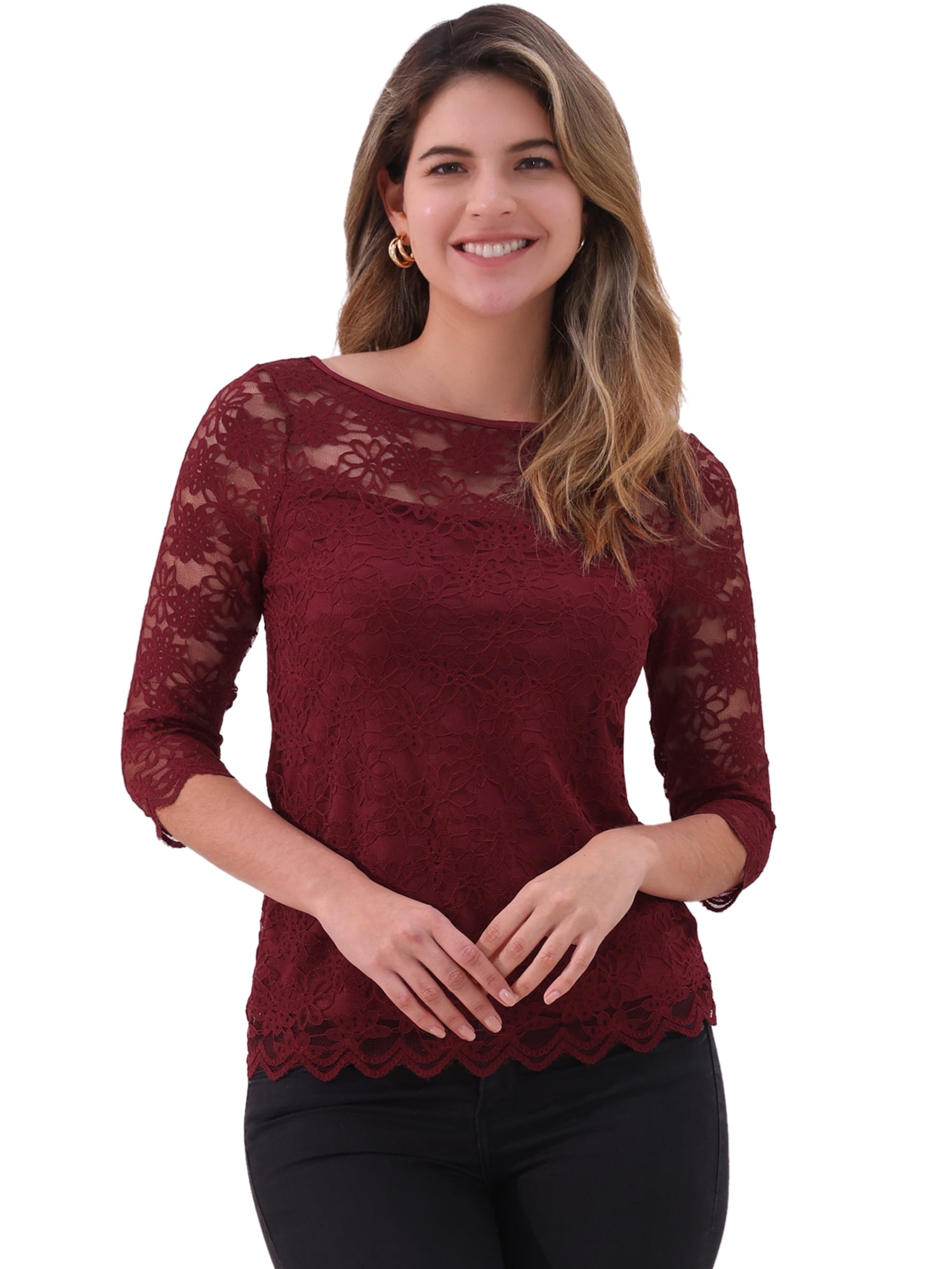 DARING DIVA Women's 3/4 Sleeve Crew Neck Floral Lace Tops M Dark Red