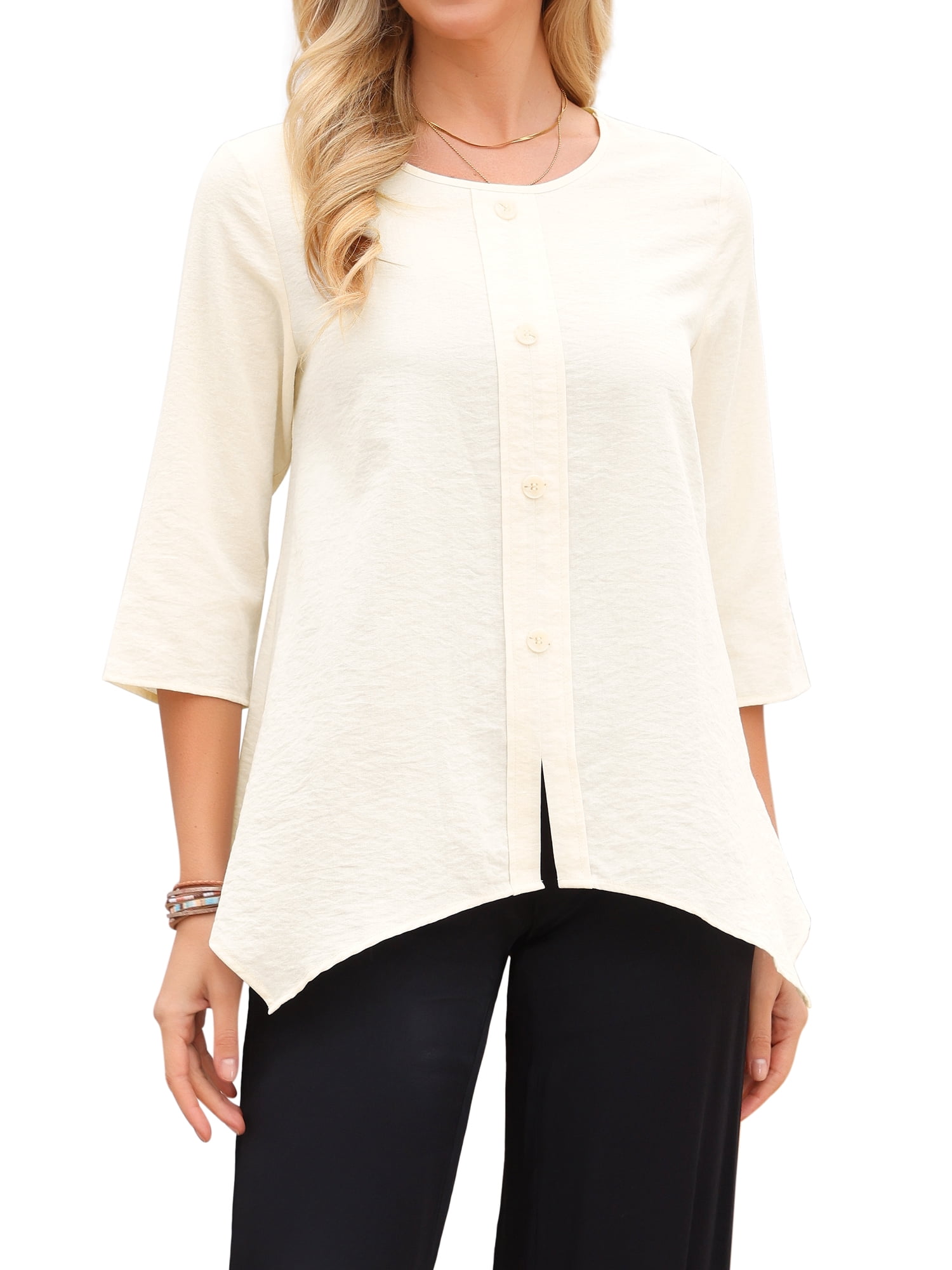 DARING DIVA Women's 3/4 Sleeve Crewneck Asymmetrical Hem Loose Shirt S Beige