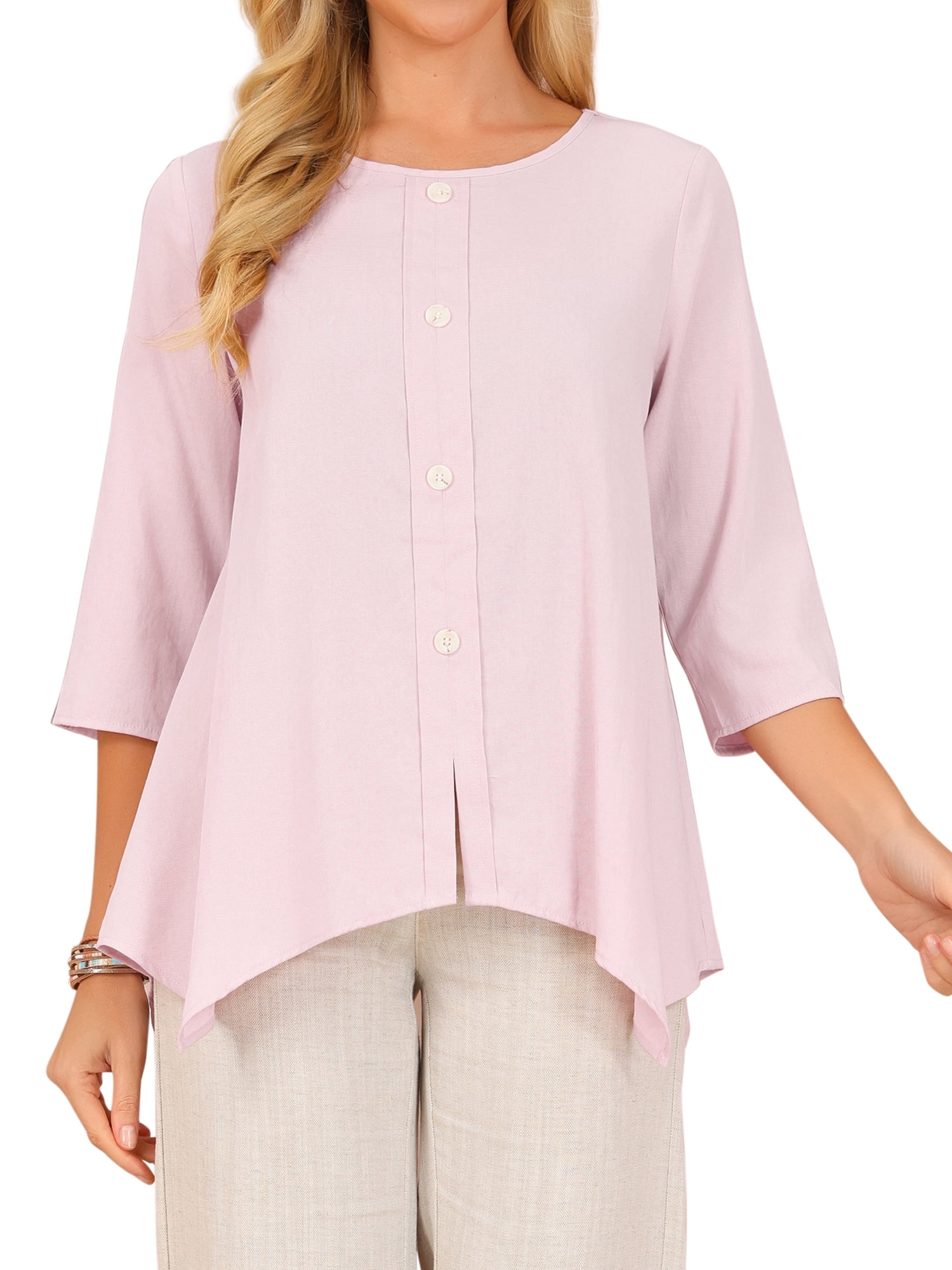 DARING DIVA Women's 3/4 Sleeve Crewneck Asymmetrical Hem Loose Shirt S Pink