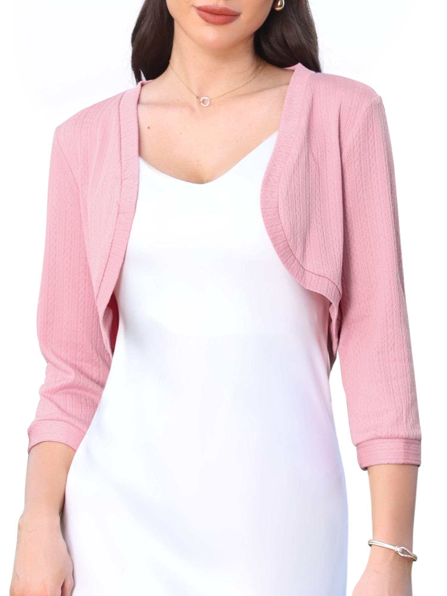 DARING DIVA Women's 3/4 Sleeve Cropped Open Front Cardigan Sweaters M Pink