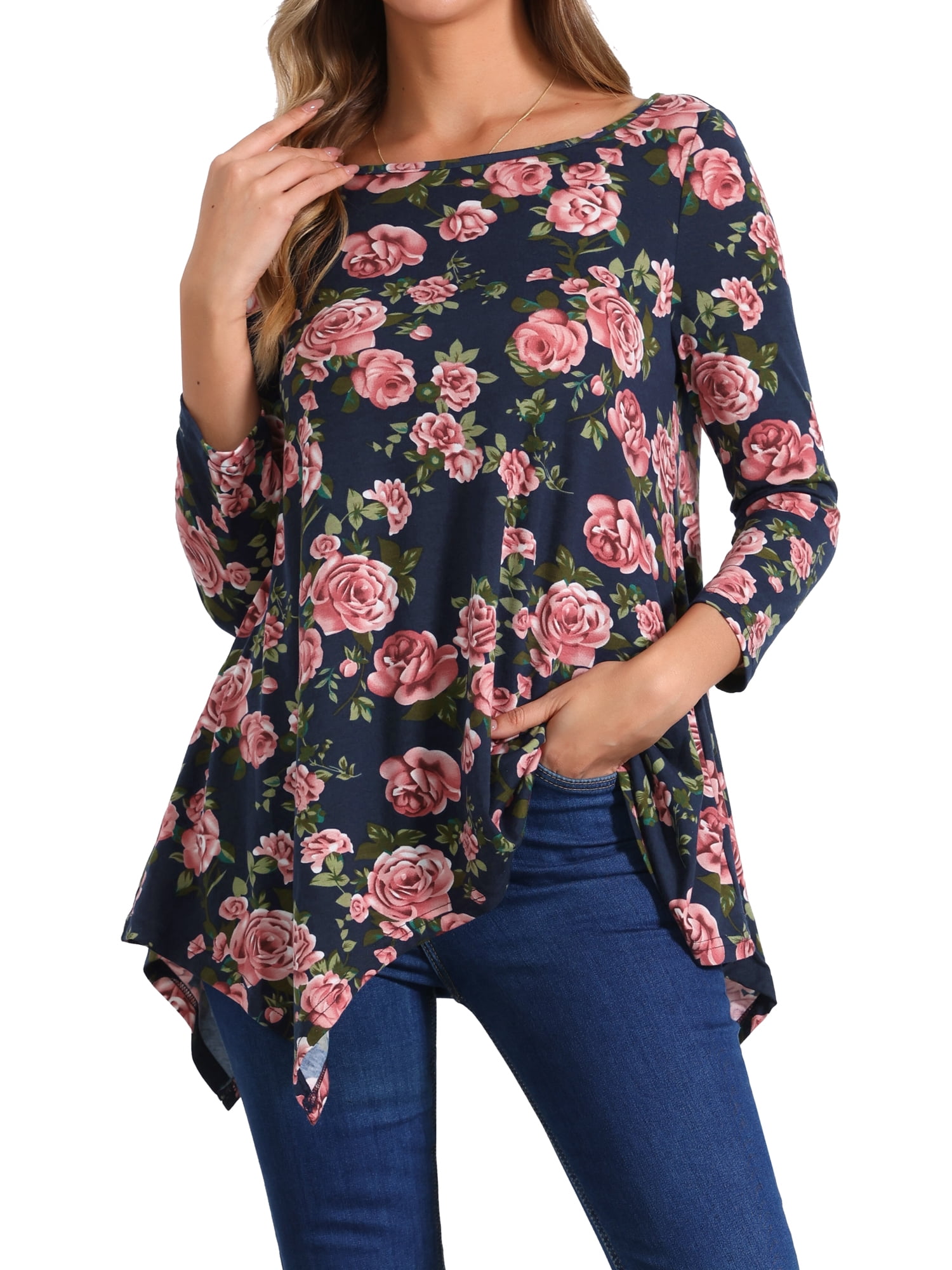 DARING DIVA Women's 3/4 Sleeve Floral Print Loose Fit Asymmetrical Hem Top Navy Blue M