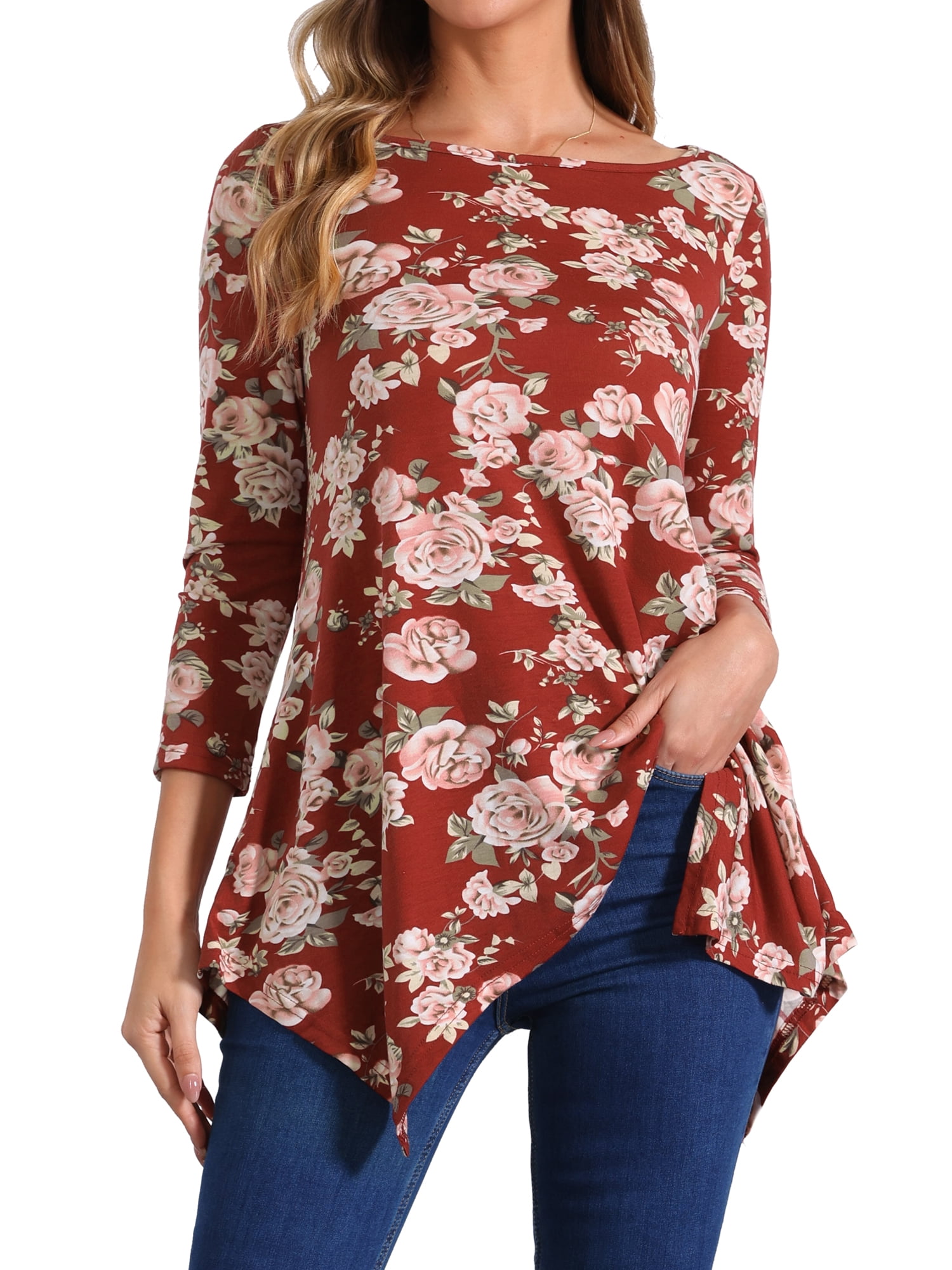 DARING DIVA Women's 3/4 Sleeve Floral Print Loose Fit Asymmetrical Hem Top Wine Red S