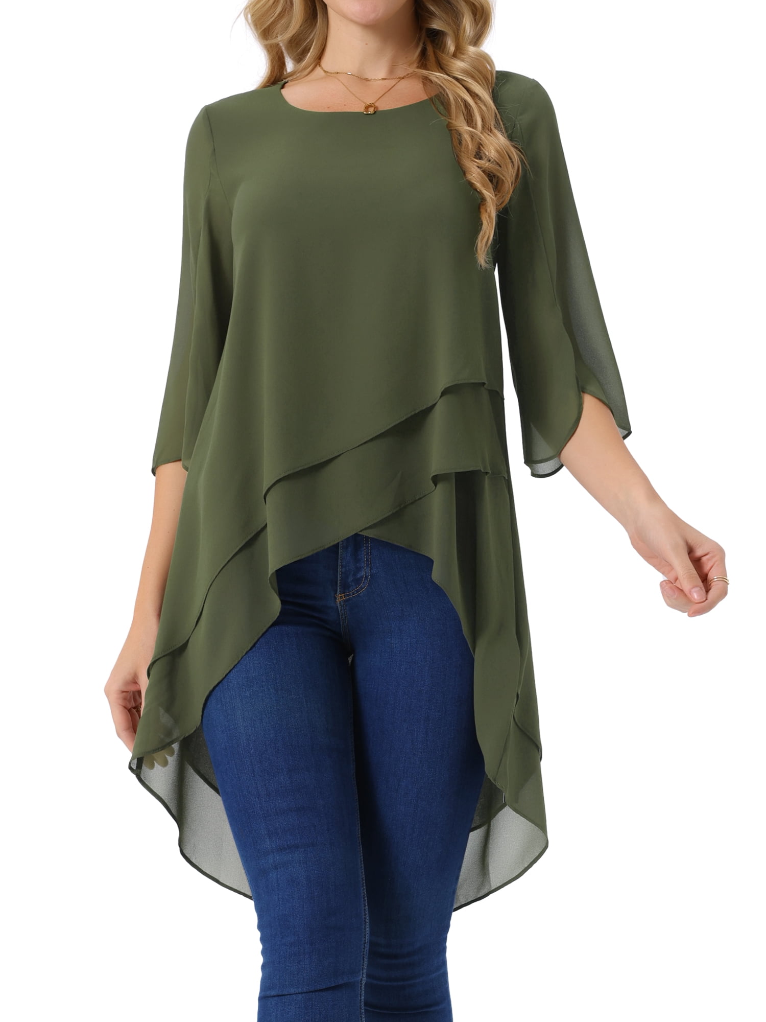 DARING DIVA Women's 3/4 Sleeve High Low Hem Scoop Neck Chiffon Blouses L Army Green