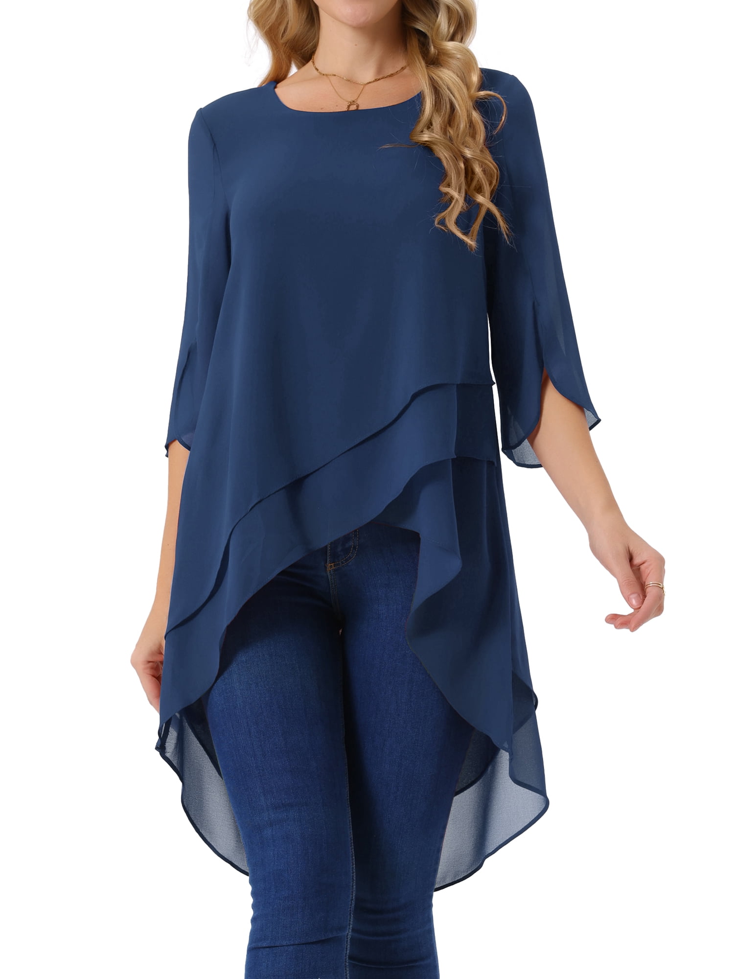 DARING DIVA Women's 3/4 Sleeve High Low Hem Scoop Neck Chiffon Blouses L Dark Blue