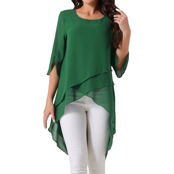 DARING DIVA Women's 3/4 Sleeve High Low Hem Scoop Neck Chiffon Blouses L Dark Green