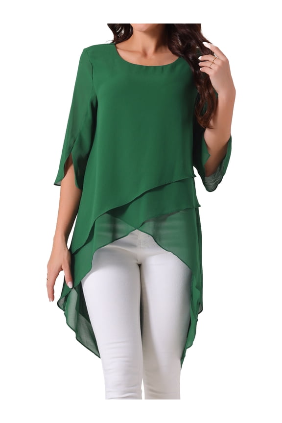 Women's 3/4 Sleeve High Low Hem Scoop Neck Chiffon Blouses L Dark Green