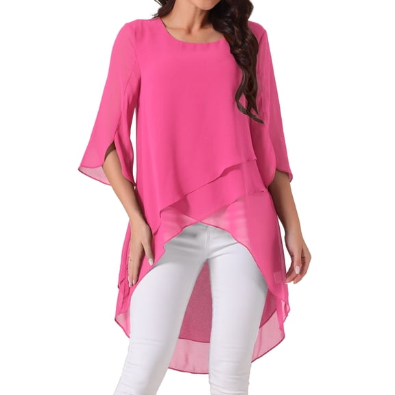 DARING DIVA Women's 3/4 Sleeve High Low Hem Scoop Neck Chiffon Blouses L Hot Pink