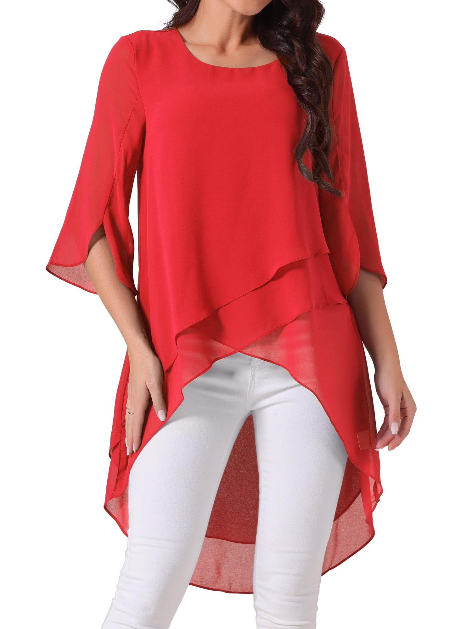 DARING DIVA Women's 3/4 Sleeve High Low Hem Scoop Neck Chiffon Blouses L Red