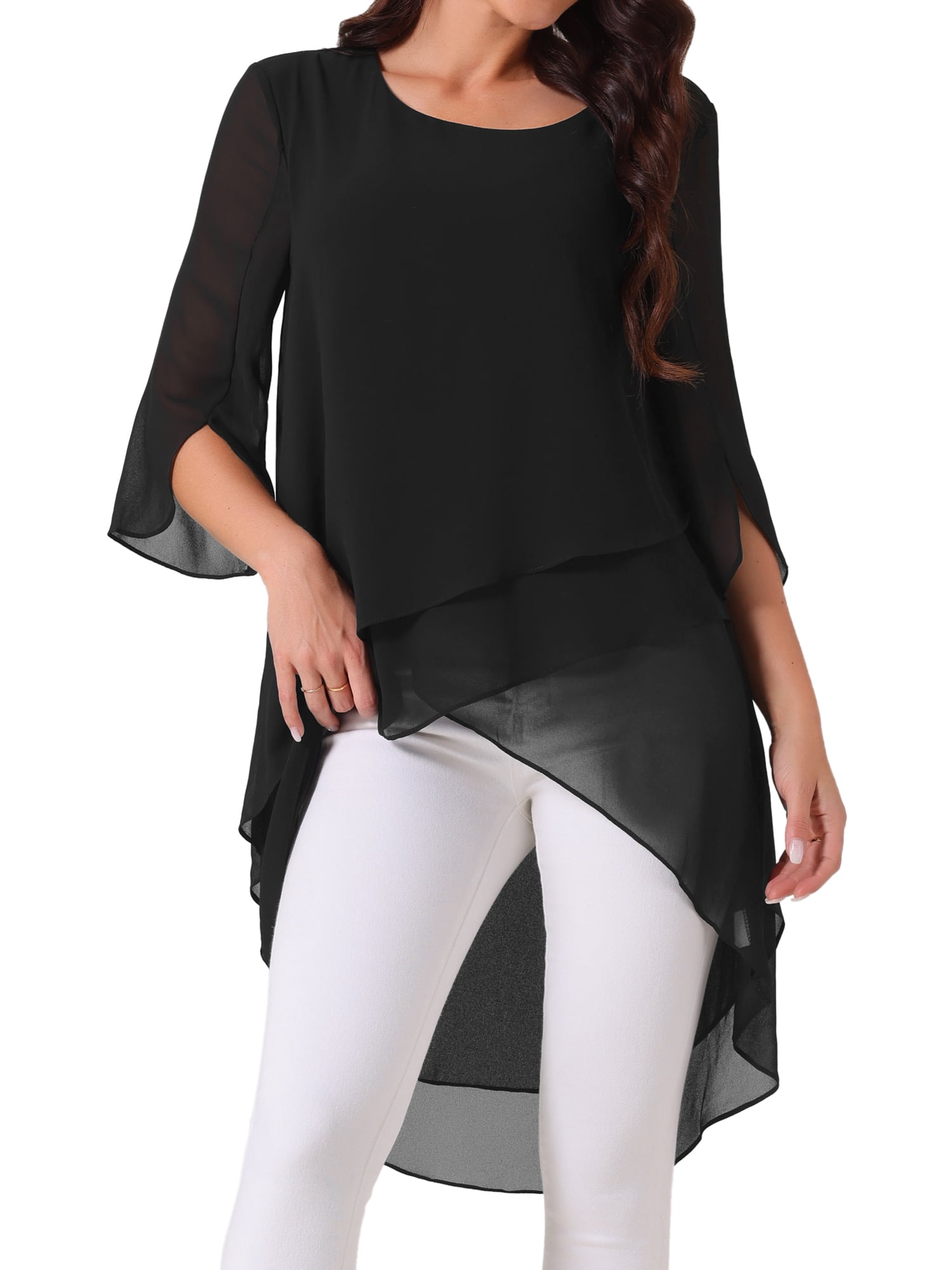 DARING DIVA Women's 3/4 Sleeve High Low Hem Scoop Neck Chiffon Blouses M Black