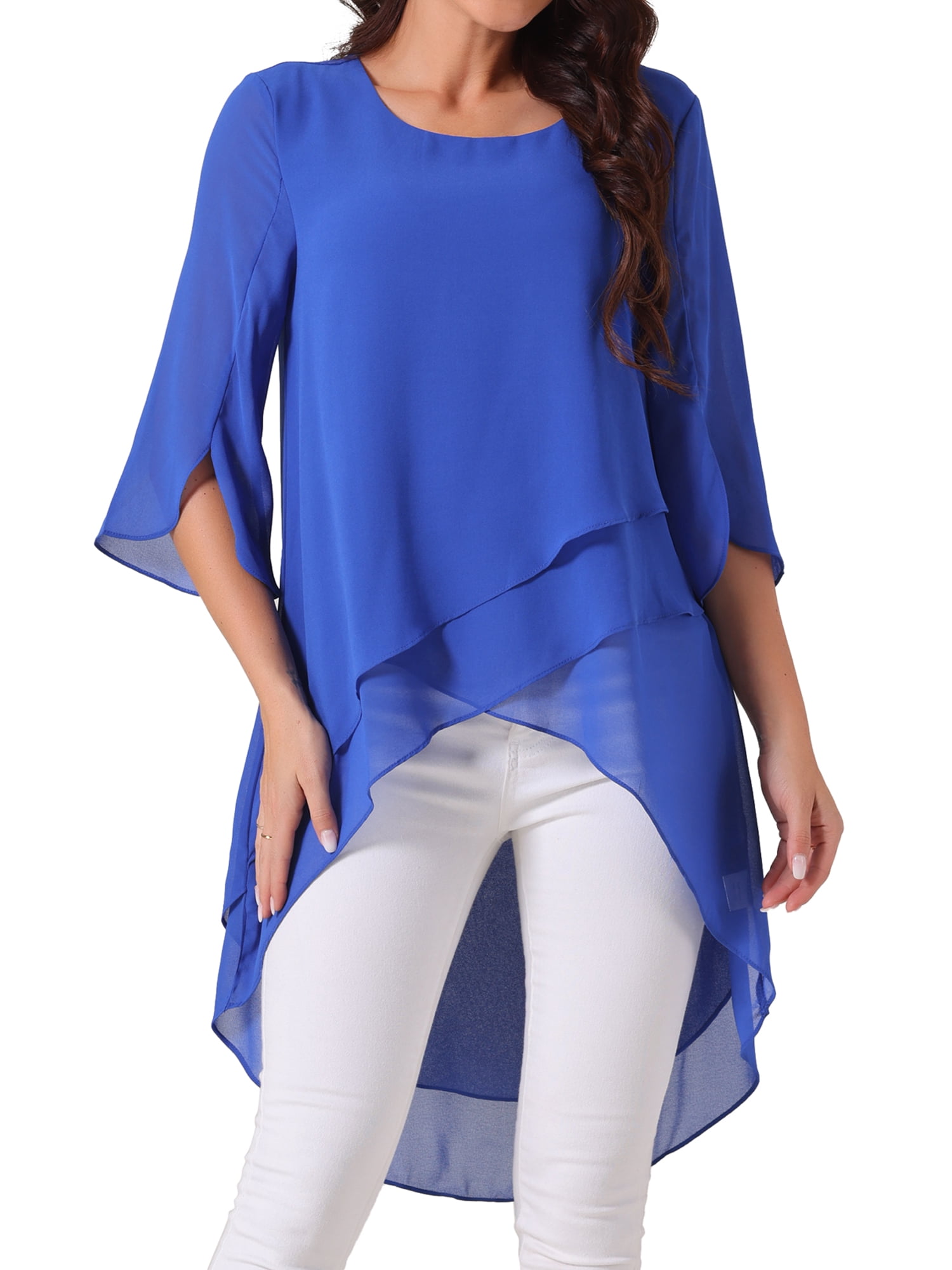 DARING DIVA Women's 3/4 Sleeve High Low Hem Scoop Neck Chiffon Blouses M Royal Blue