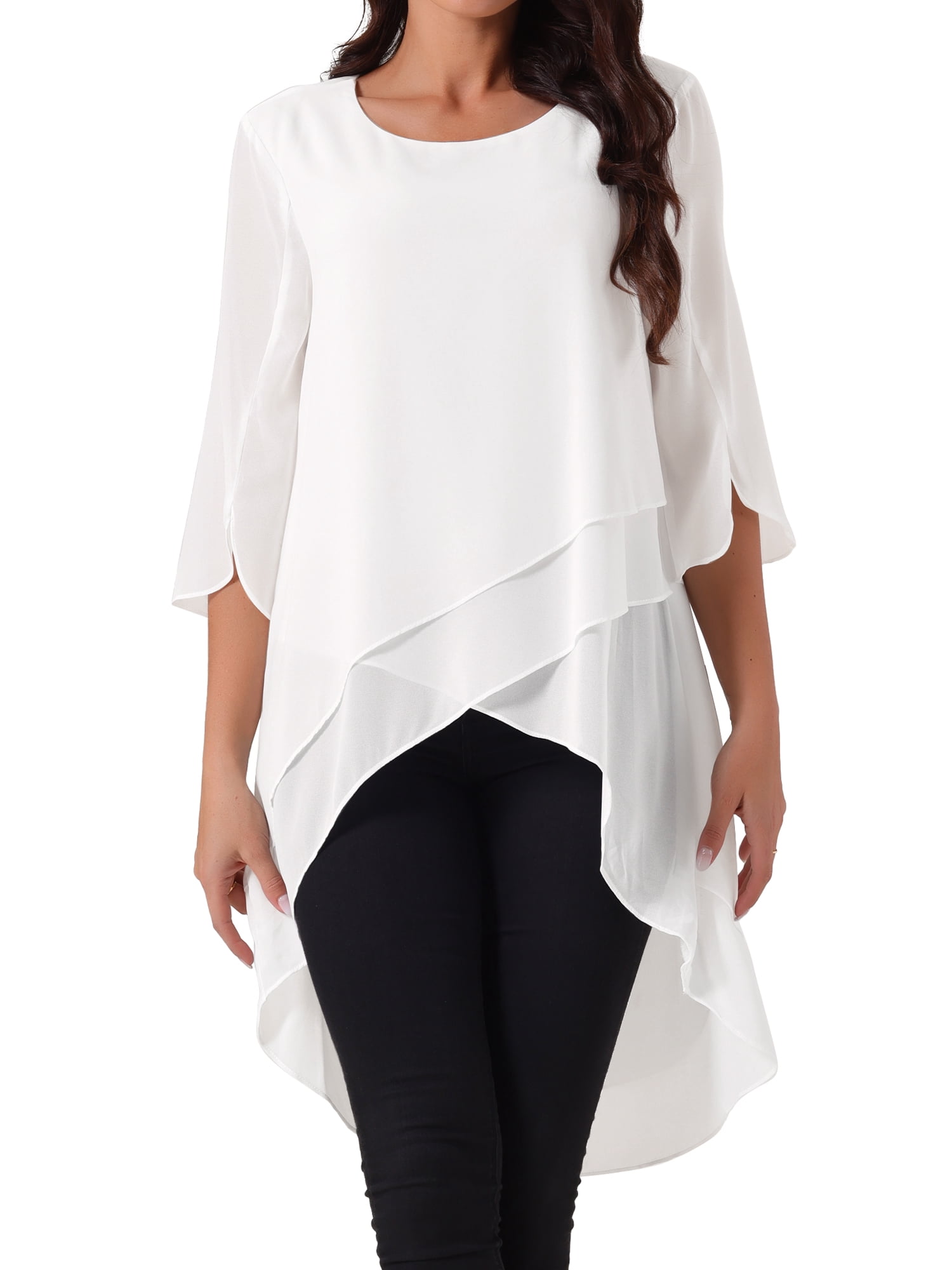 DARING DIVA Women's 3/4 Sleeve High Low Hem Scoop Neck Chiffon Blouses M White