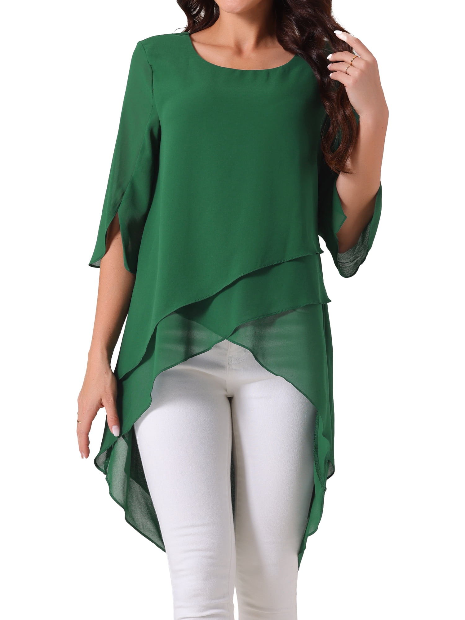 DARING DIVA Women's 3/4 Sleeve High Low Hem Scoop Neck Chiffon Blouses S Dark Green