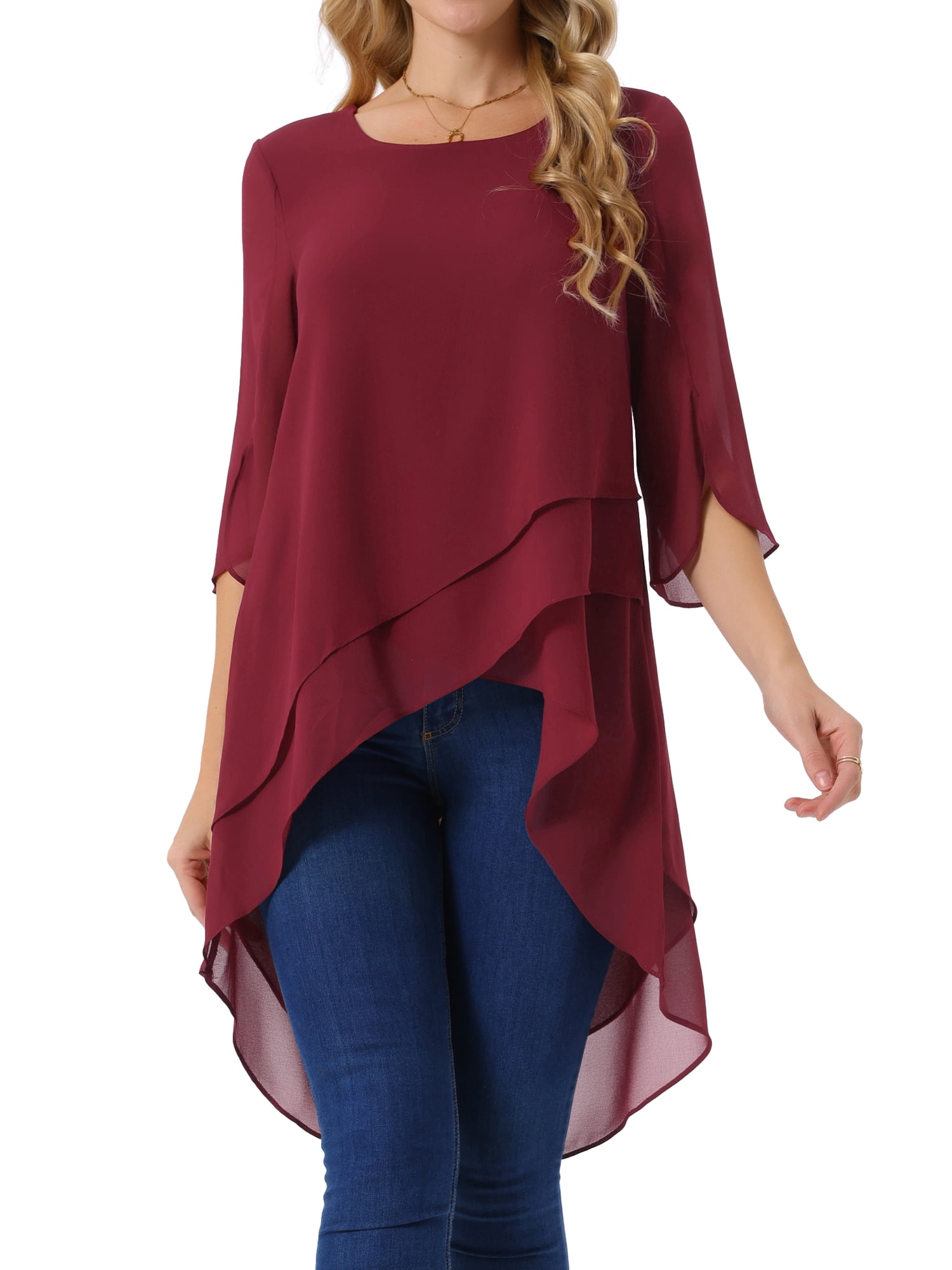 DARING DIVA Women's 3/4 Sleeve High Low Hem Scoop Neck Chiffon Blouses S Wine Red