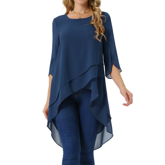 DARING DIVA Women's 3/4 Sleeve High Low Hem Scoop Neck Chiffon Blouses XL Dark Blue