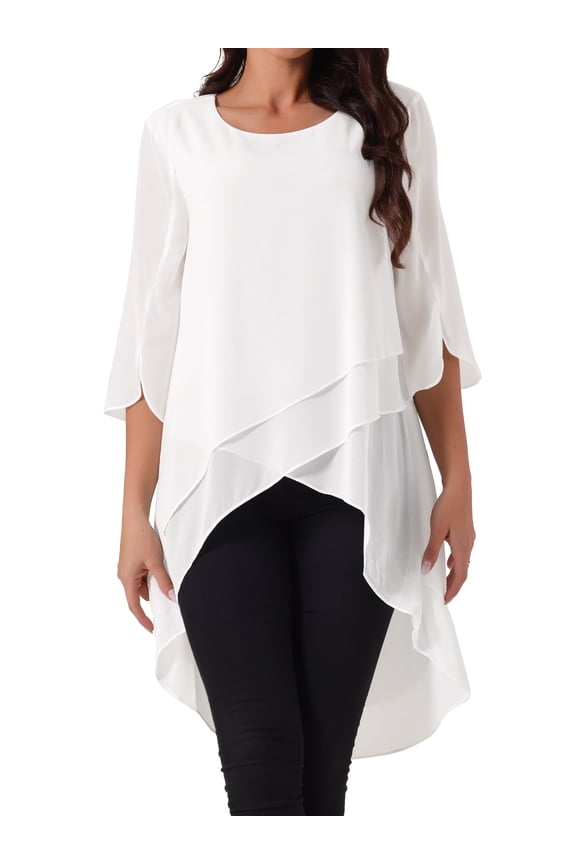 Women's 3/4 Sleeve High Low Hem Scoop Neck Chiffon Blouses XL White