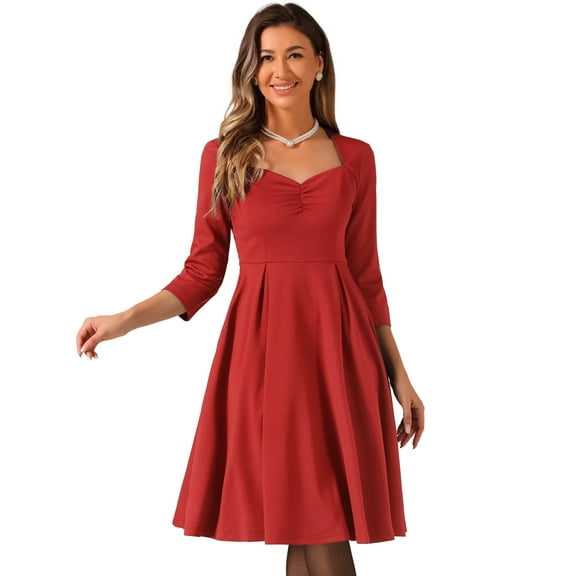 DARING DIVA Women's 3/4 Sleeve High Waist A Line Pleated Midi Dress S Red