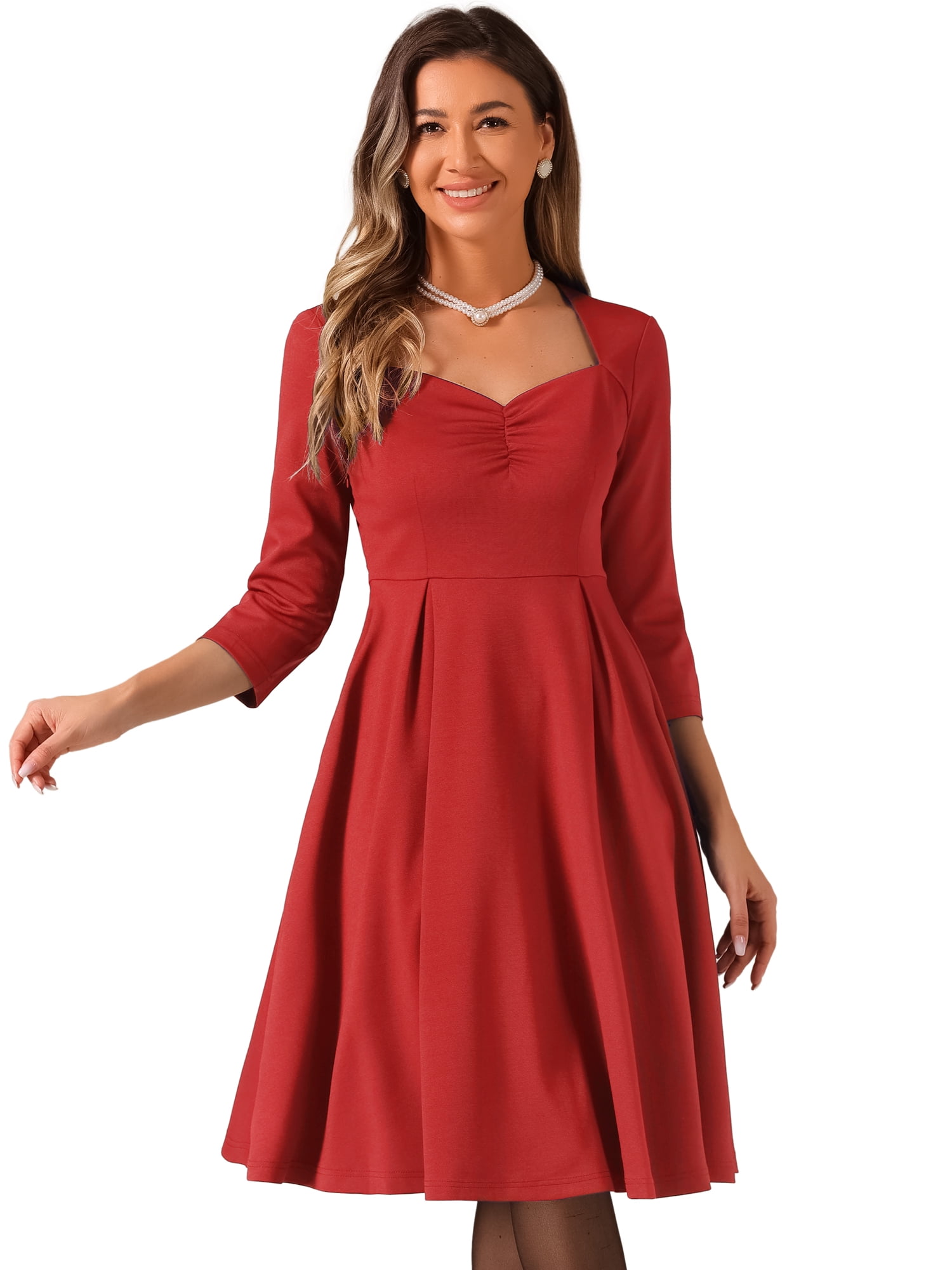 DARING DIVA Women's 3/4 Sleeve High Waist A Line Pleated Midi Dress XS Red