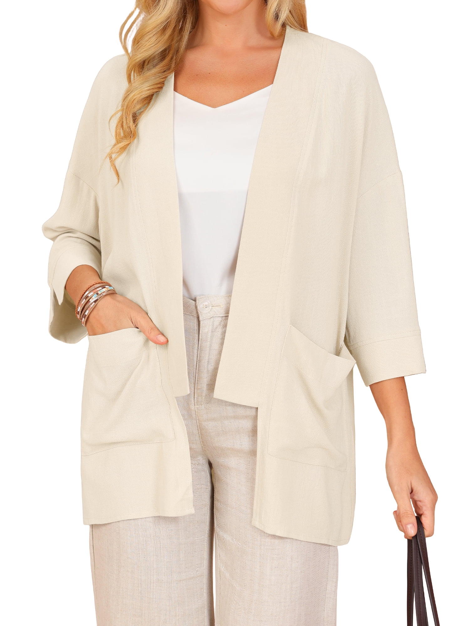 DARING DIVA Women's 3/4 Sleeve Open Front Lightweight Shrug With Pockets XL Khaki