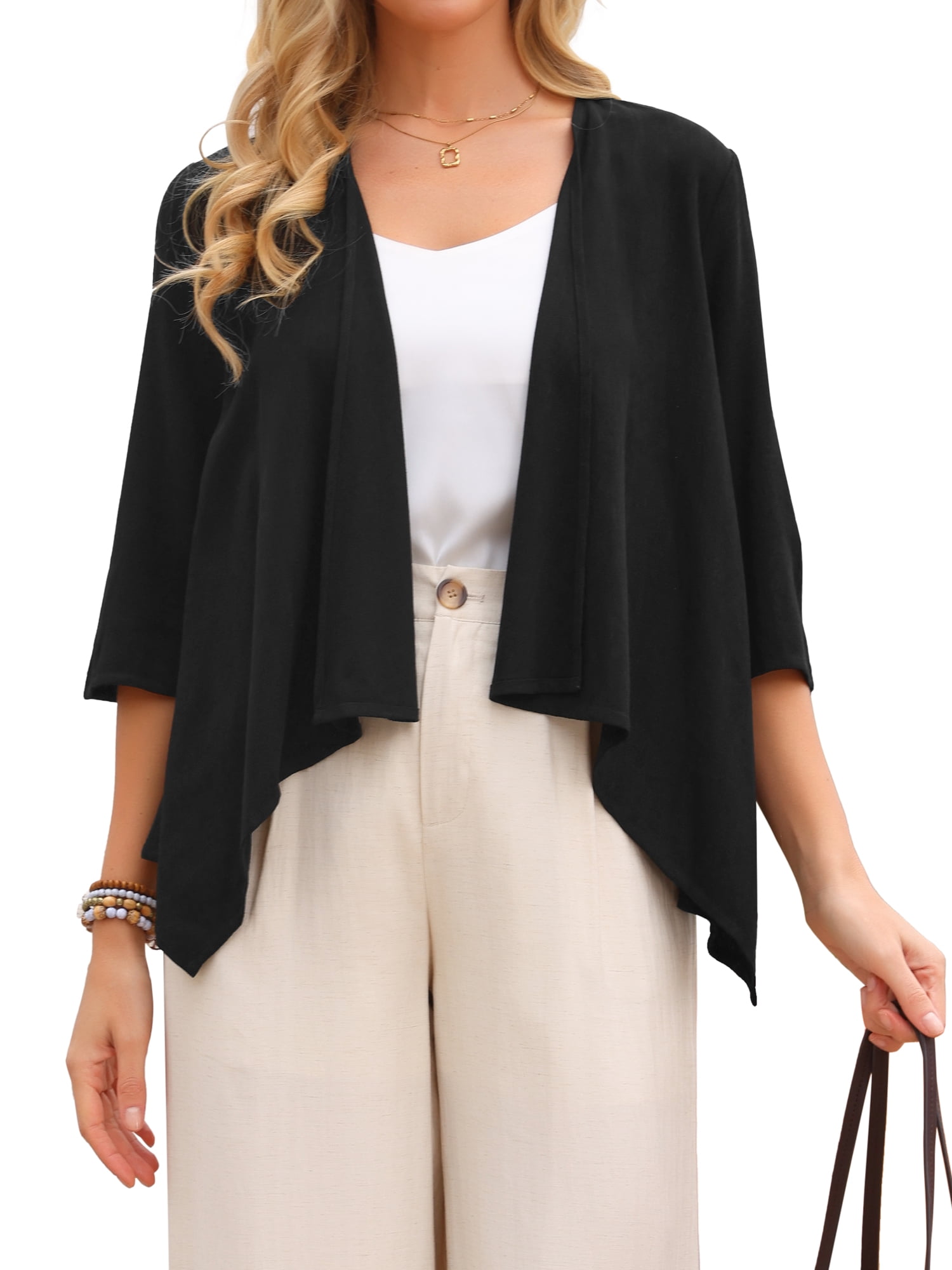 DARING DIVA Women's 3/4 Sleeve Open Front Loose Cover Ups Lightweight Shrug M Black