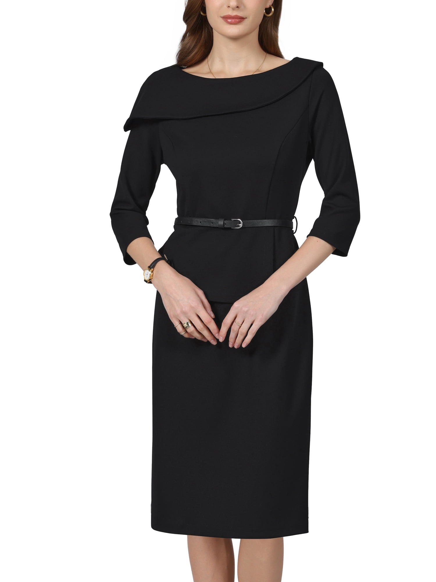 DARING DIVA Women's 3/4 Sleeve Pencil Dress Boat Neck Work Dress M Black
