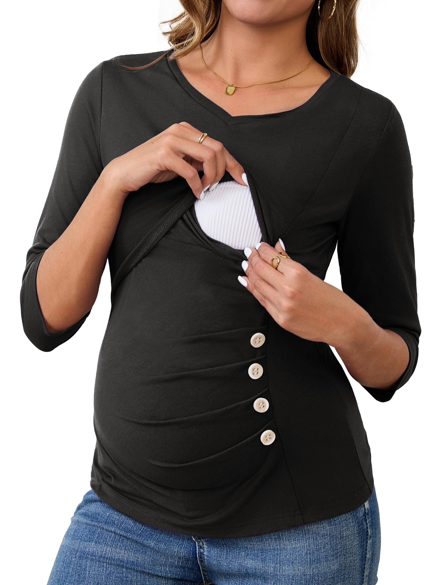 DARING DIVA Women's 3/4 Sleeve Ribbed Knit Nursing Maternity Shirts M Black