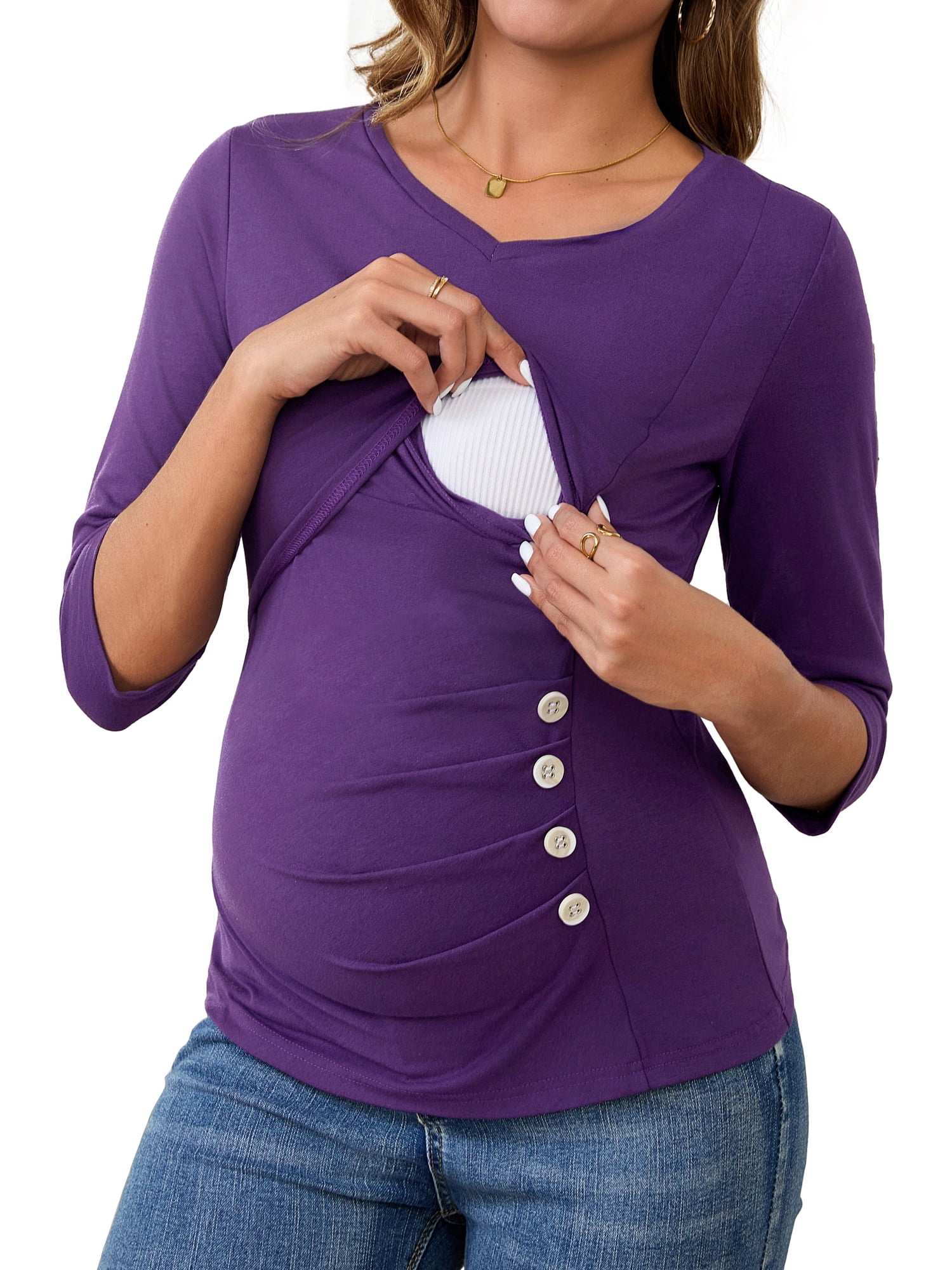 DARING DIVA Women's 3/4 Sleeve Ribbed Knit Nursing Maternity Shirts XXL Purple