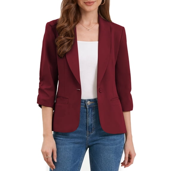 DARING DIVA Women's 3/4 Sleeve Shawl Lapel Work Blazer with Pockets S Burgundy