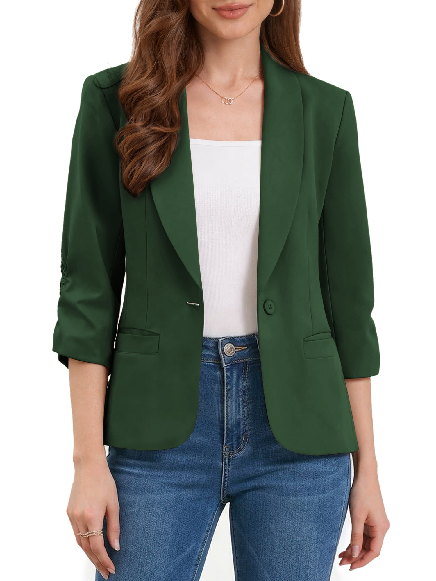 DARING DIVA Women's 3/4 Sleeve Shawl Lapel Work Blazer with Pockets S Dark Green