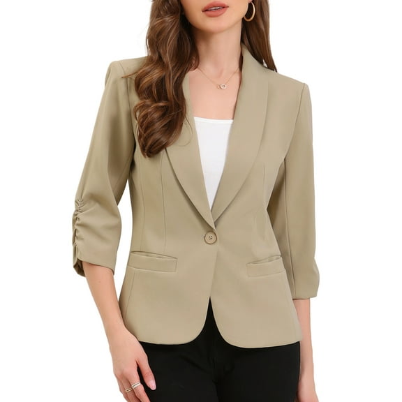 DARING DIVA Women's 3/4 Sleeve Shawl Lapel Work Blazer with Pockets S Khaki