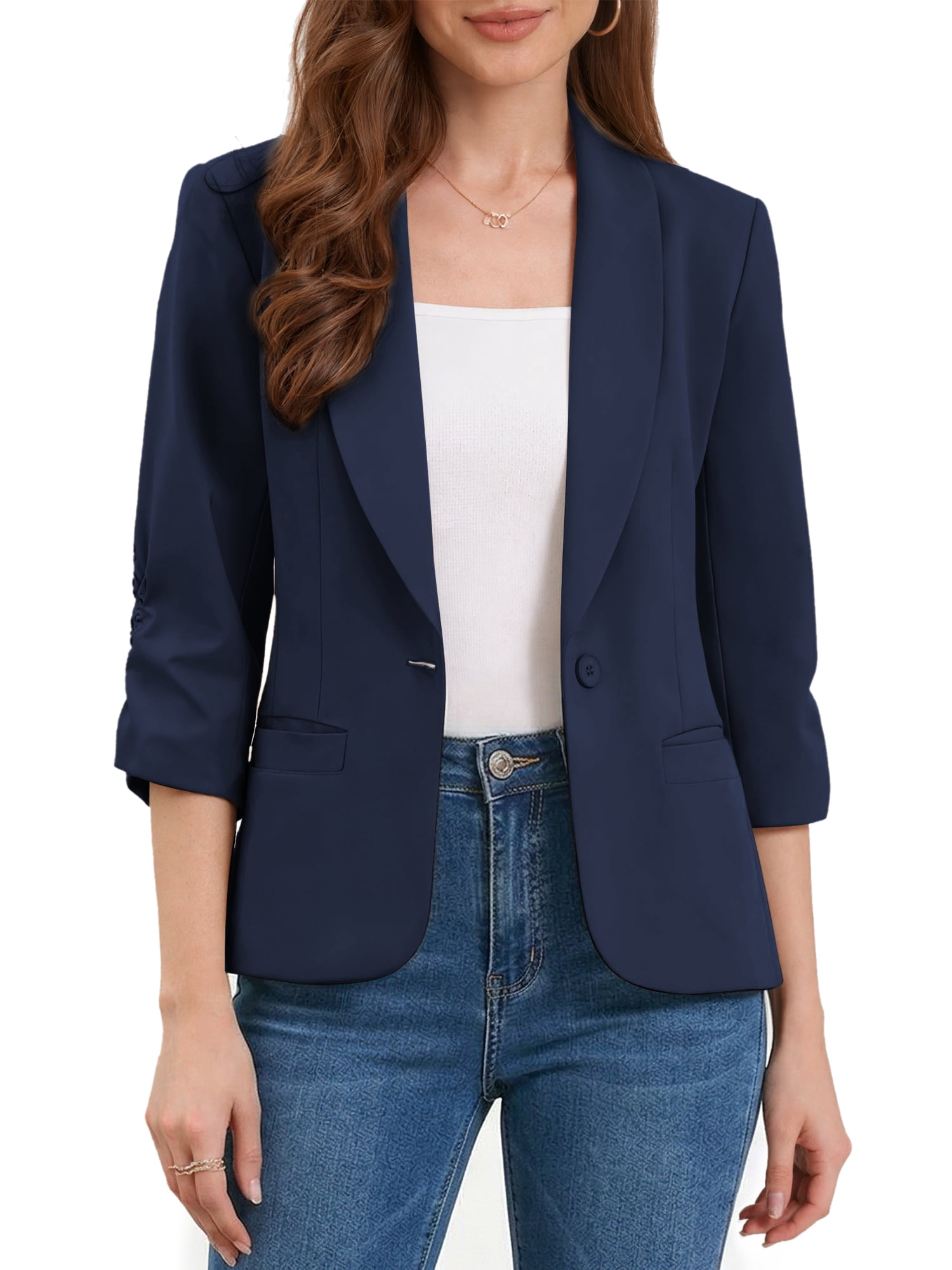DARING DIVA Women's 3/4 Sleeve Shawl Lapel Work Blazer with Pockets S Royal Blue