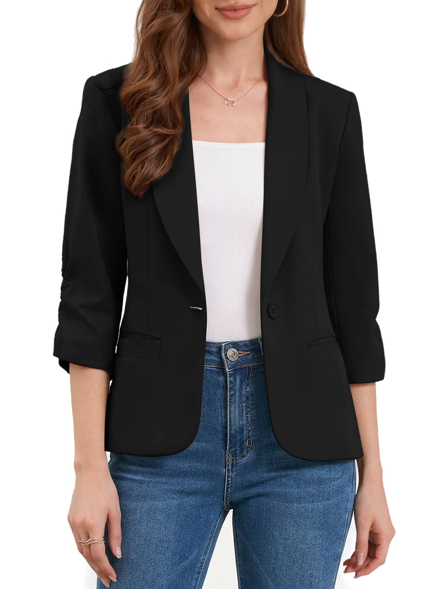 DARING DIVA Women's 3/4 Sleeve Shawl Lapel Work Blazer with Pockets XL Black