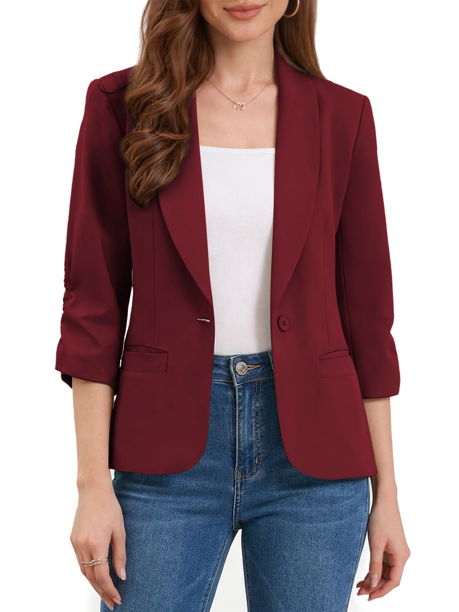 DARING DIVA Women's 3/4 Sleeve Shawl Lapel Work Blazer with Pockets XL Burgundy