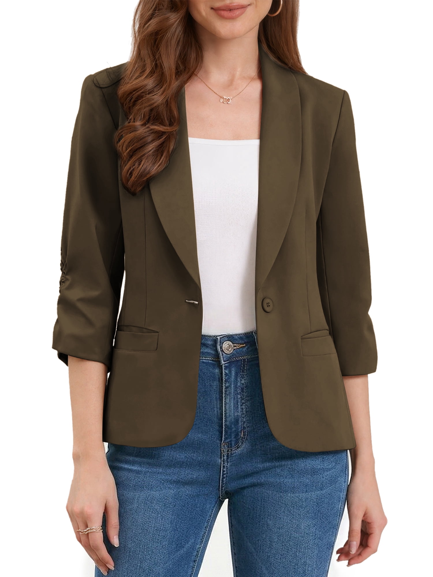DARING DIVA Women's 3/4 Sleeve Shawl Lapel Work Blazer with Pockets XL Coffee