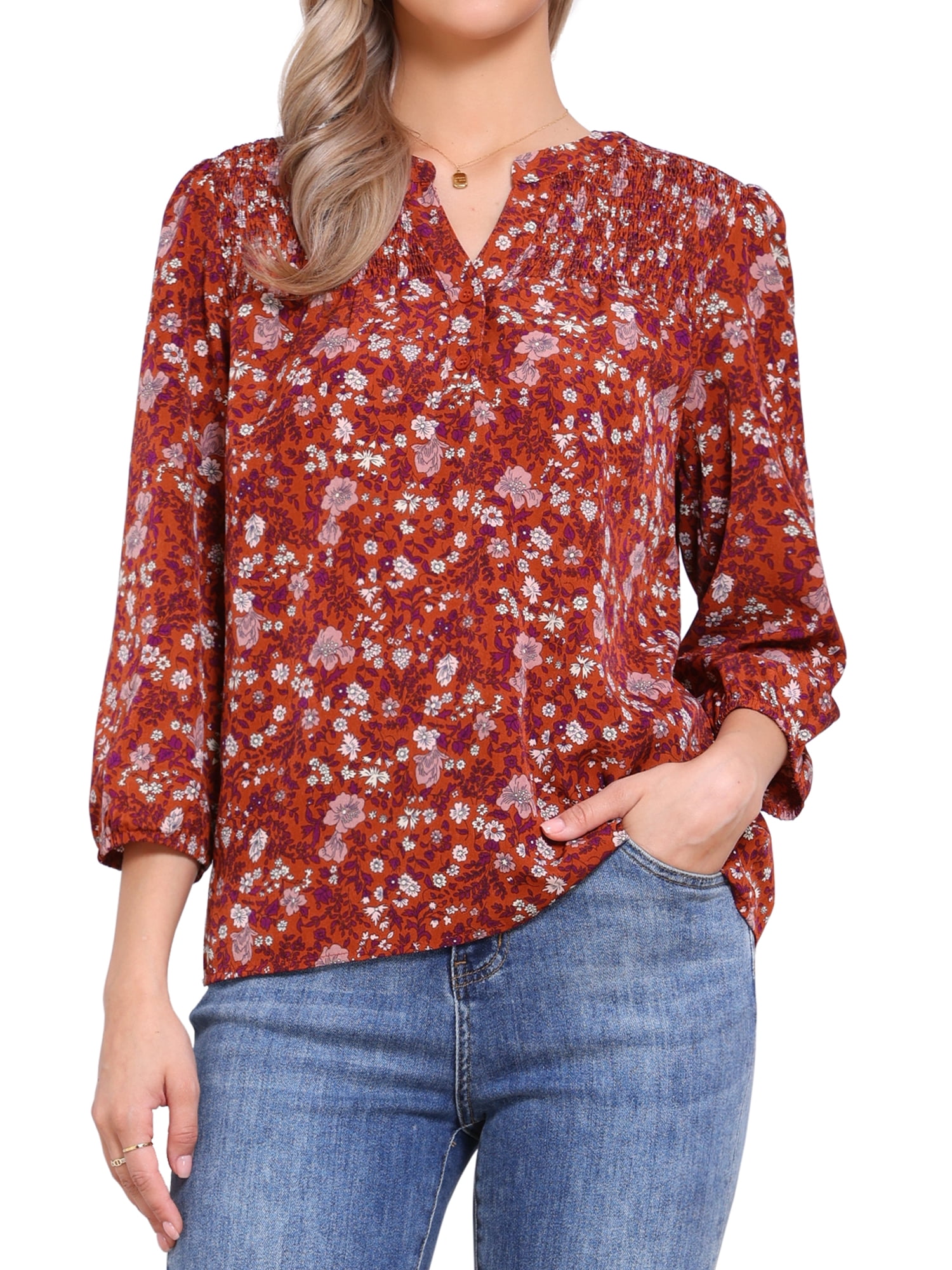 DARING DIVA Women's Floral 3/4 Sleeve Smocked Front V Neck Blouses M Dark Orange