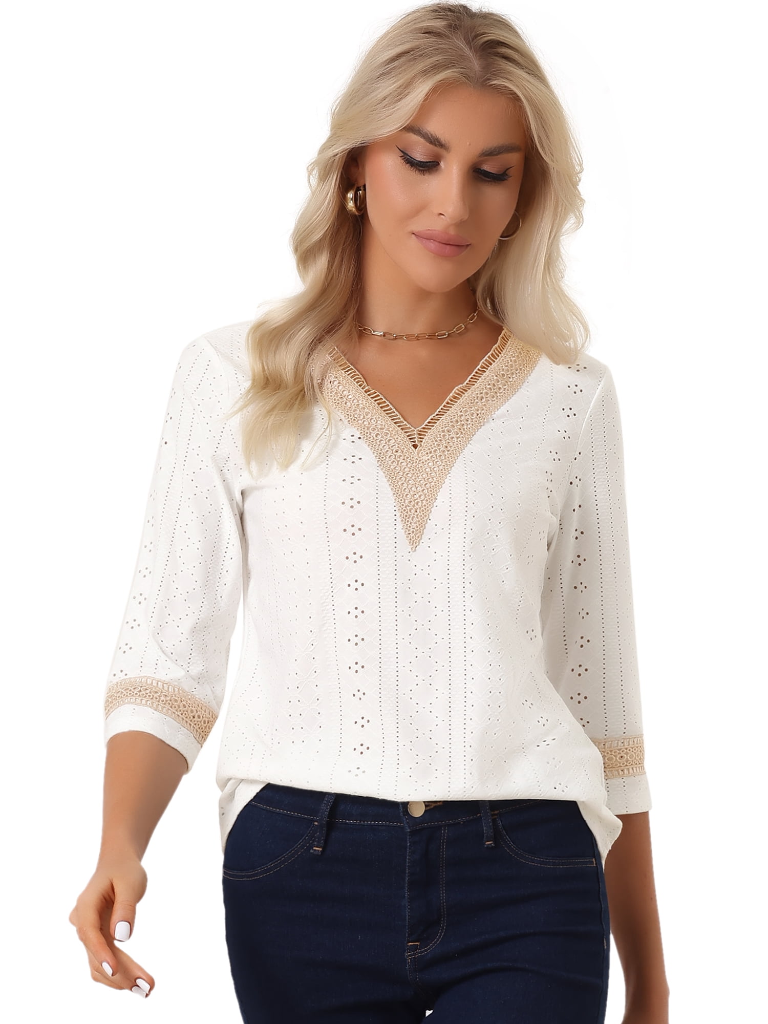 DARING DIVA Women's 3/4 Sleeve Tops Hollow Color Block Boho Shirts L White