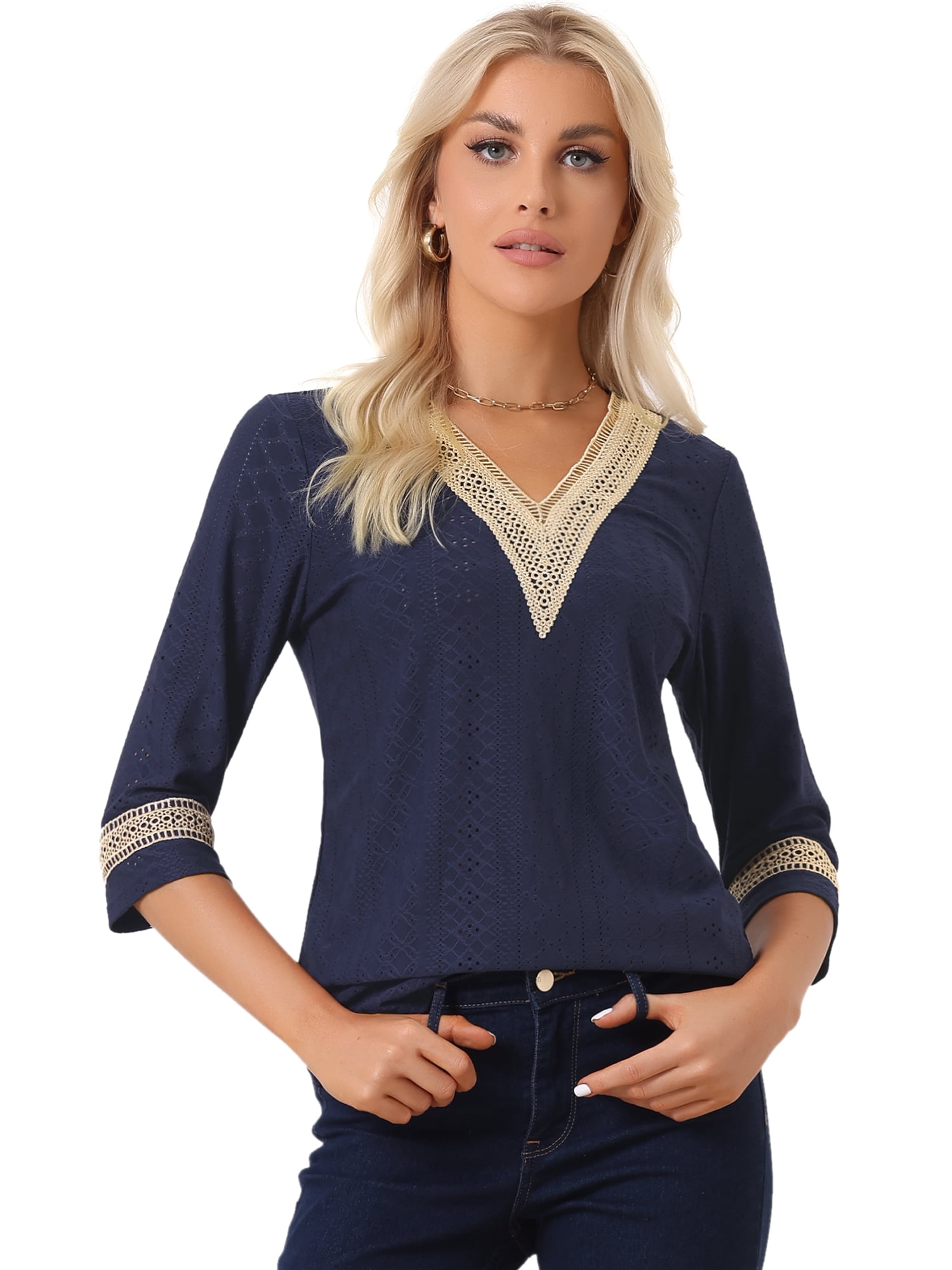 DARING DIVA Women's 3/4 Sleeve Tops Hollow Color Block Boho Shirts XS Navy Blue