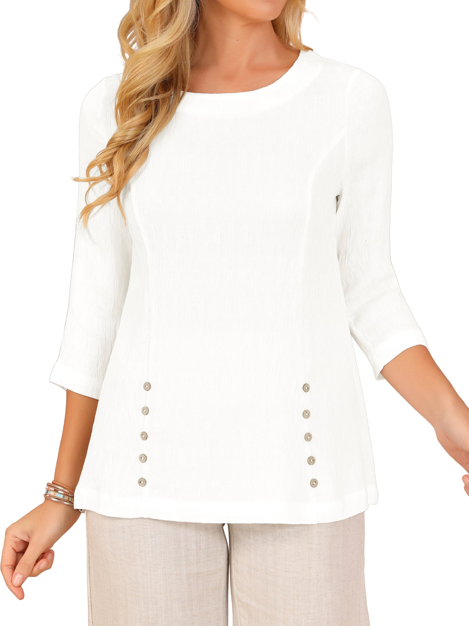 DARING DIVA Women's 3/4 Sleeve Trendy Business Blouse Crewneck Textured Top M White