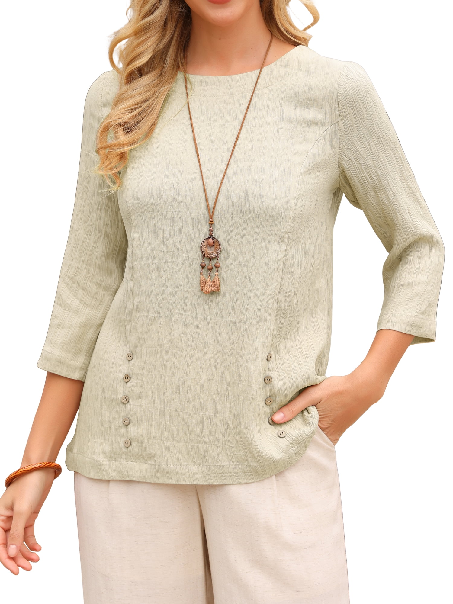 DARING DIVA Women's 3/4 Sleeve Trendy Business Blouse Crewneck Textured Top S Beige