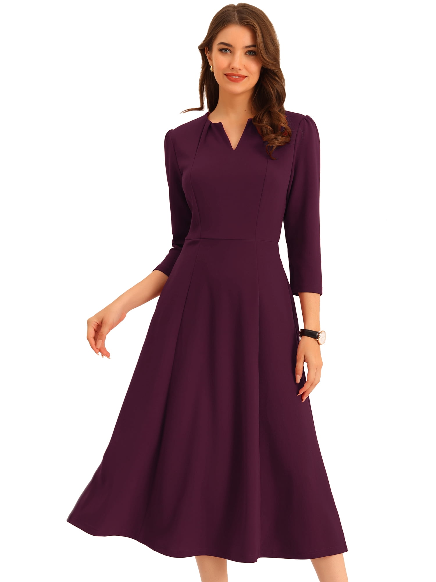 DARING DIVA Women's 3/4 Sleeve V Neck A-Line Midi Dress with Pockets S Deep Purple