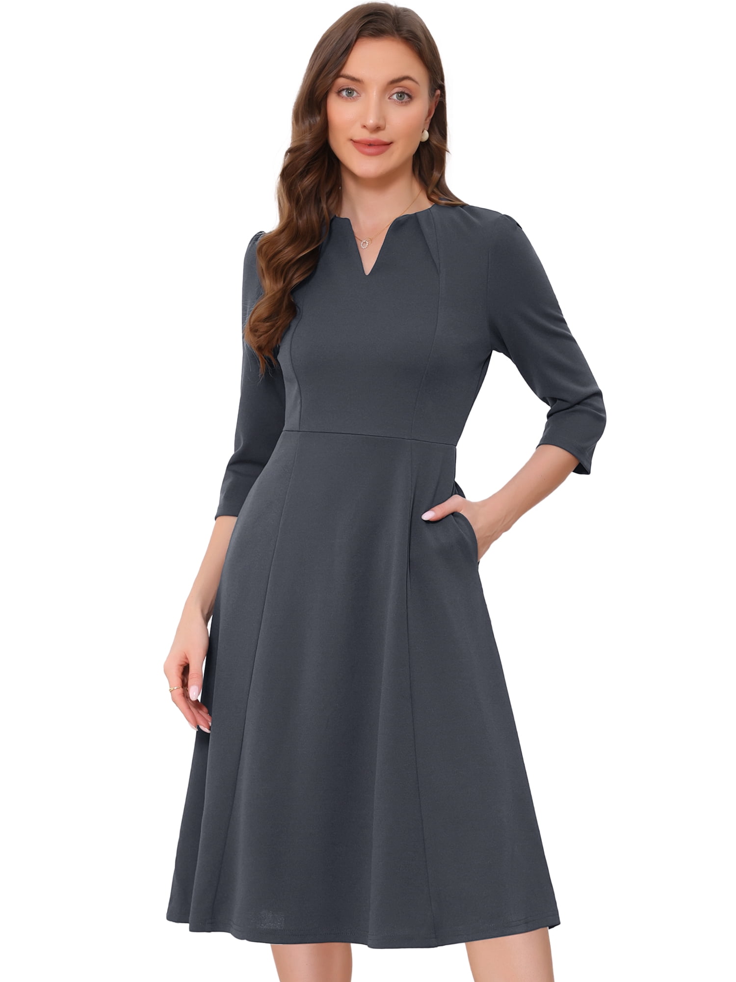 DARING DIVA Women's 3/4 Sleeve V Neck A-Line Midi Dress with Pockets XL Dark Grey