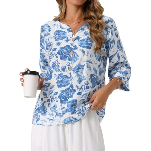 DARING DIVA Women's 3/4 Sleeve V Neck Boho Button Decor Blouse M Blue