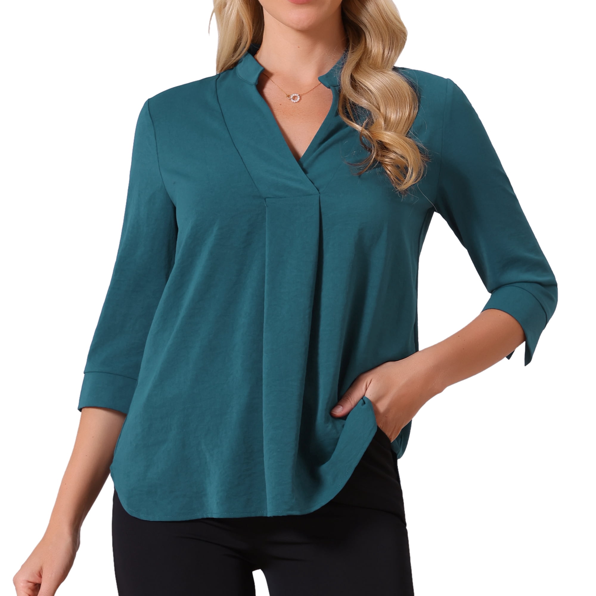 DARING DIVA Women's 3/4 Sleeve V Neck Pleated Dressy Casual Top L Peacock Blue