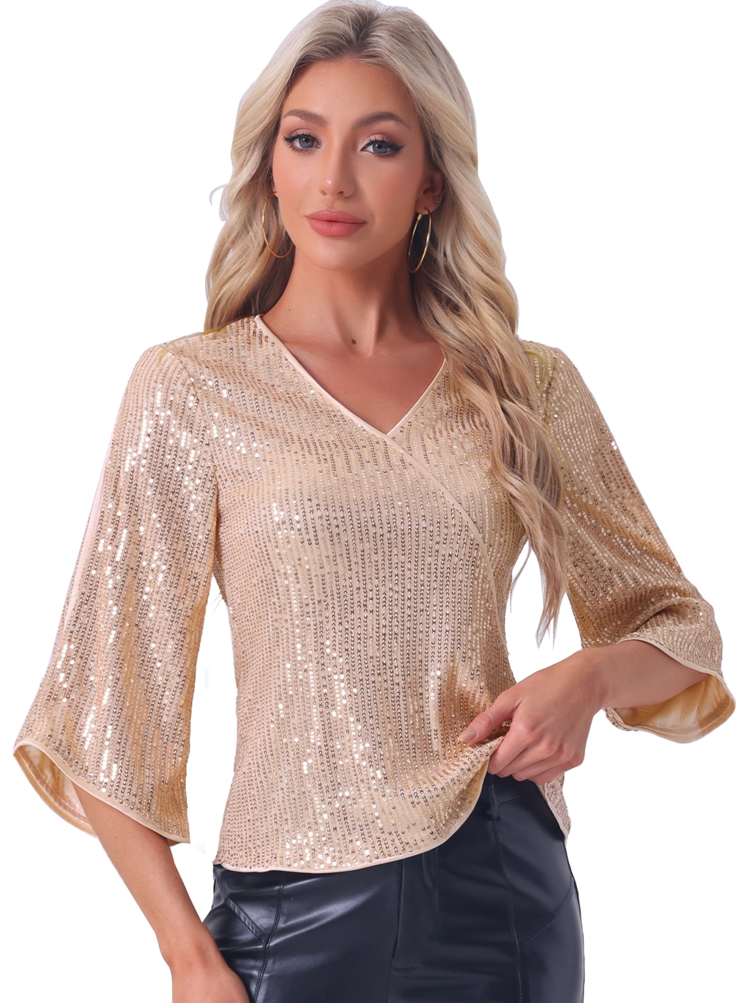 DARING DIVA Women's 3/4 Sleeve V Neck Sparkly Blouses S Gold