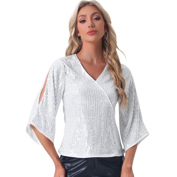 DARING DIVA Women's 3/4 Sleeve V Neck Sparkly Blouses S Silver